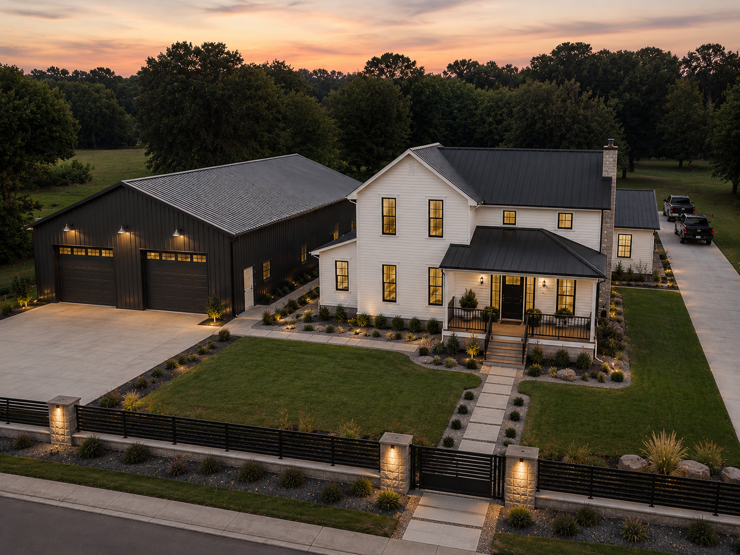 Vision rendering of the Recovery Revival discipleship home in Leonidas, with a restored white house, landscaped grounds, and a neighboring outbuilding at sunset.